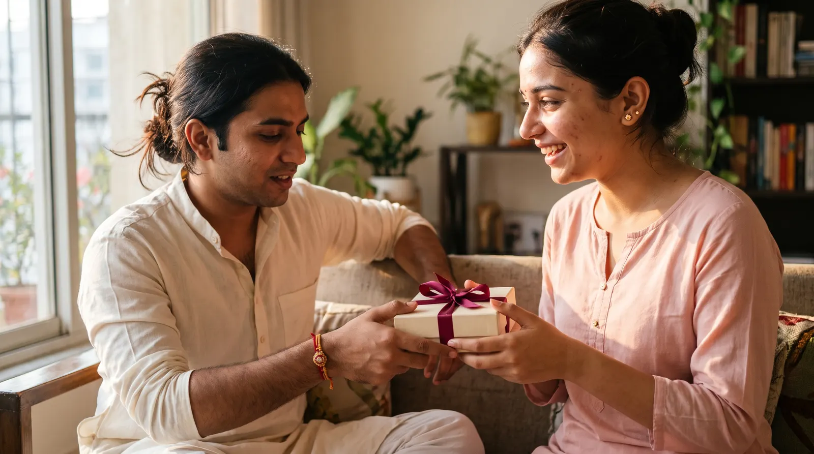a brother giving his sister a gift-wrapped jewellery box