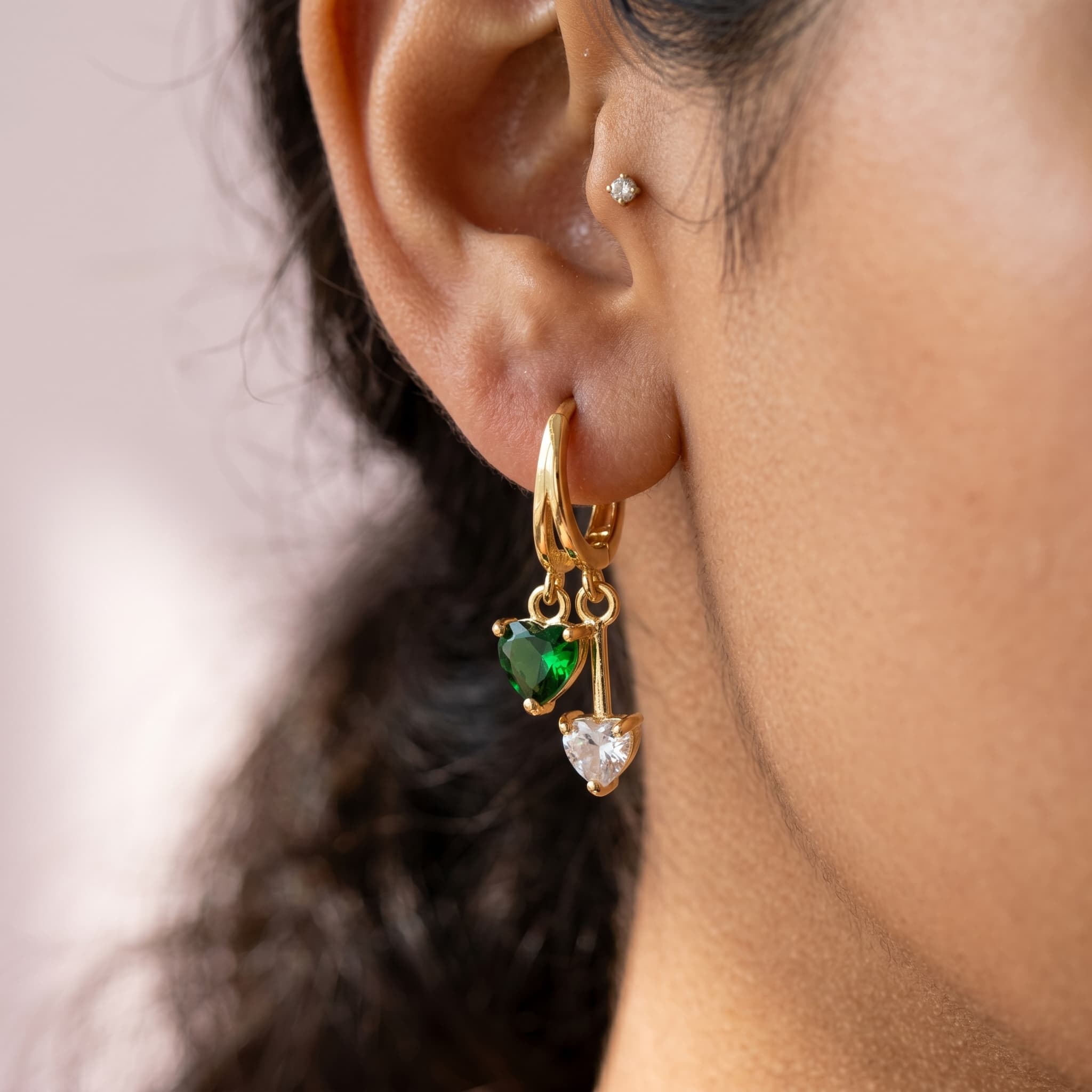 emerald and crystal heart hoops