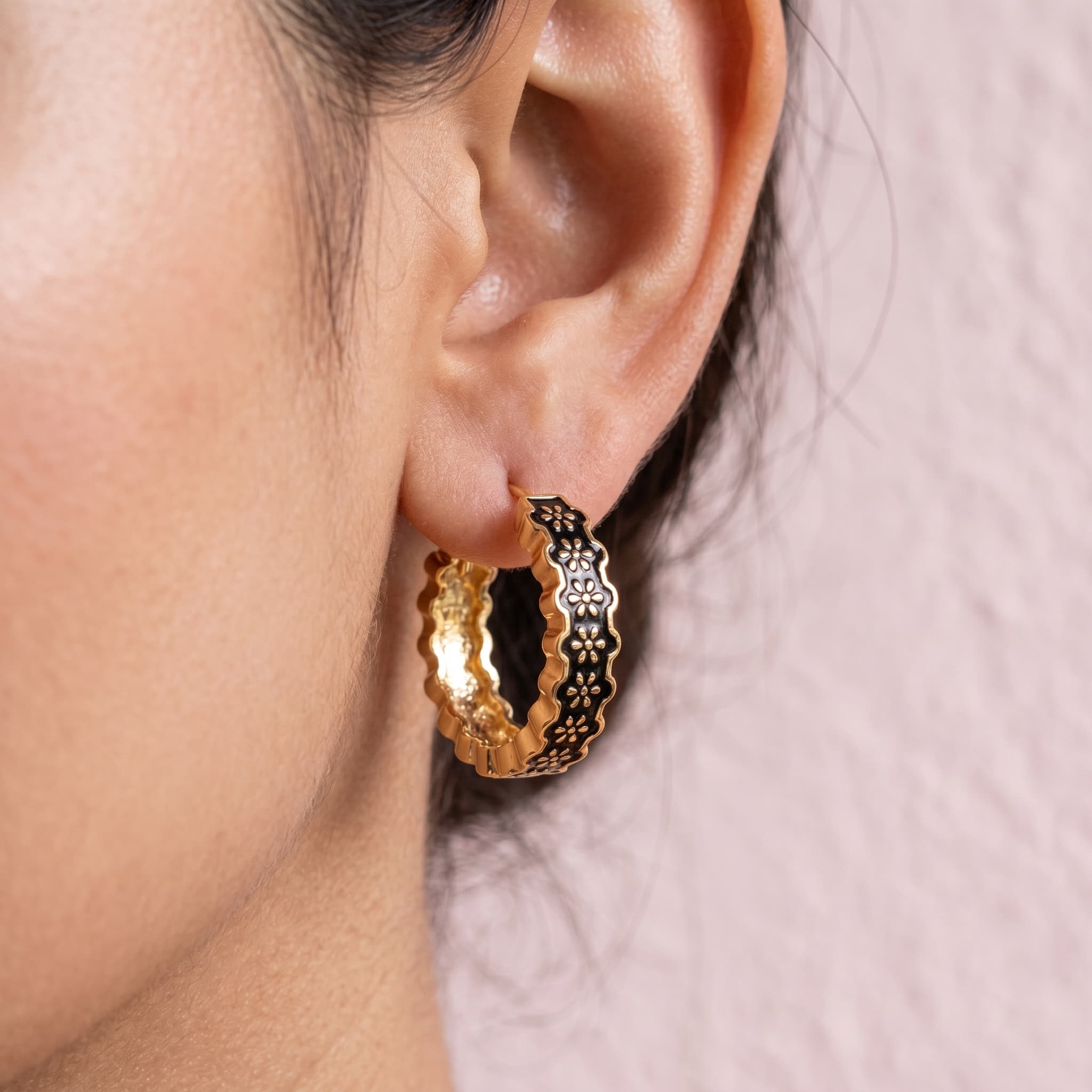 black floral gold hoops