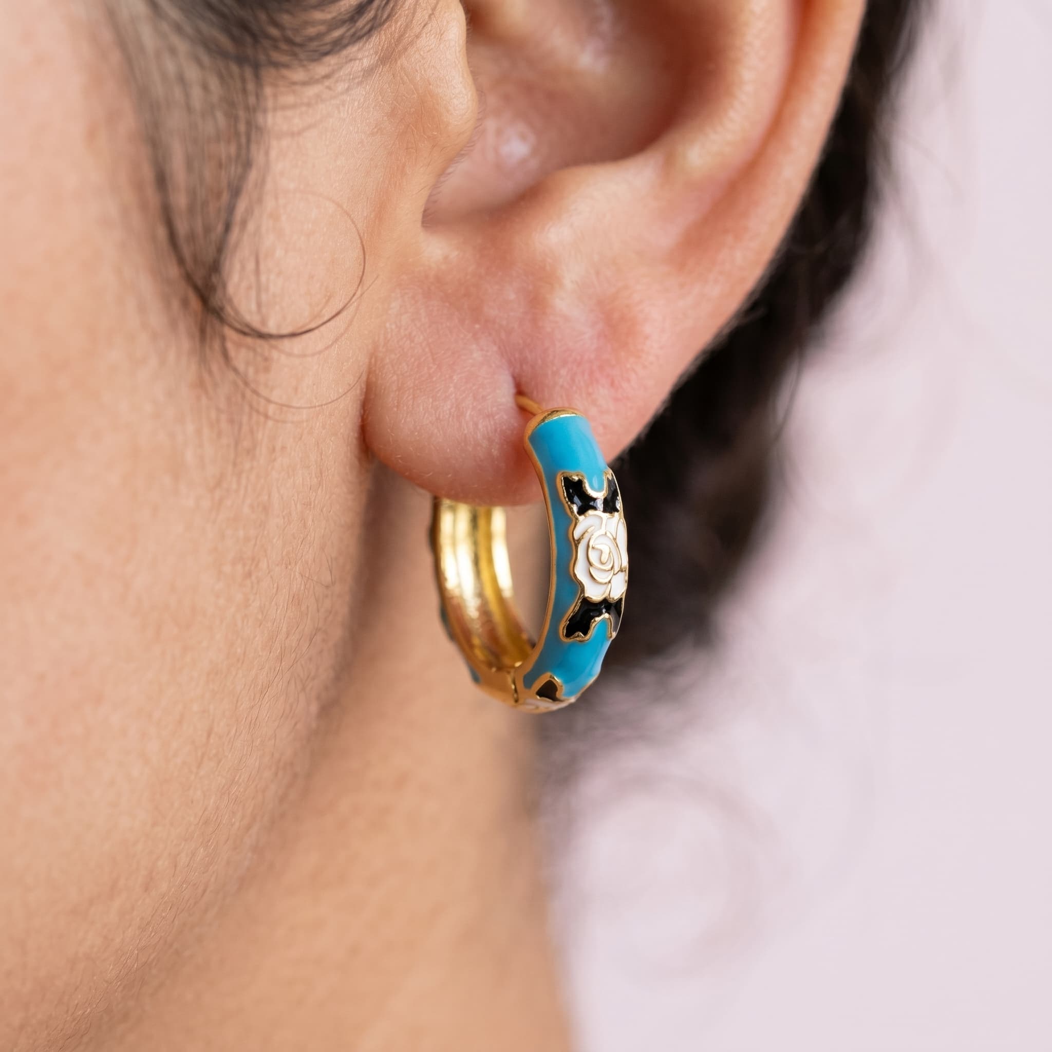 blue enamel floral huggie hoops