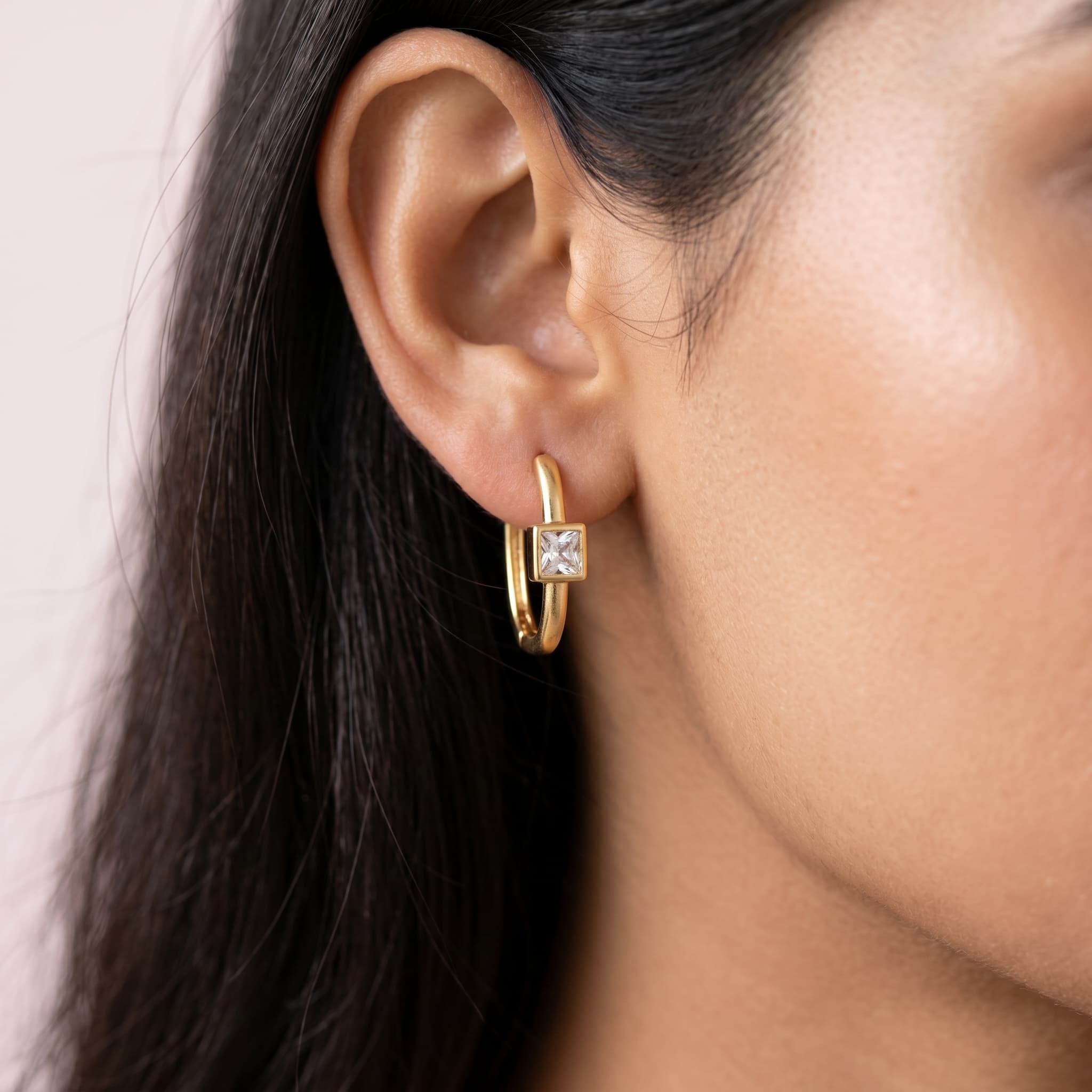 tiny square stone gold hoops