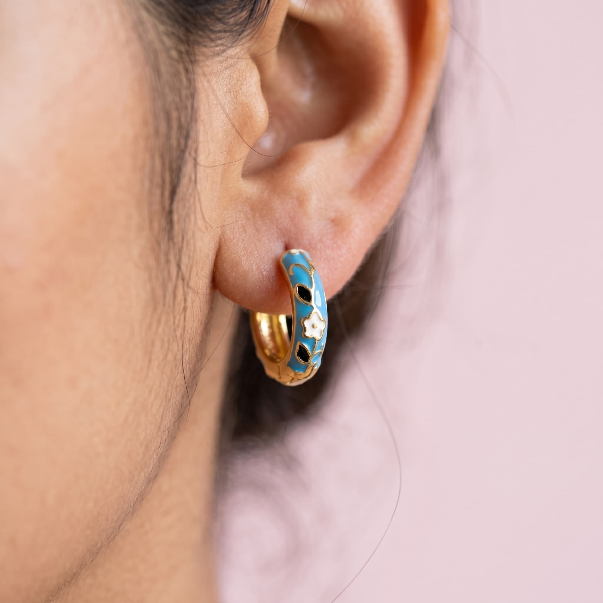 blue floral enamel mini hoops