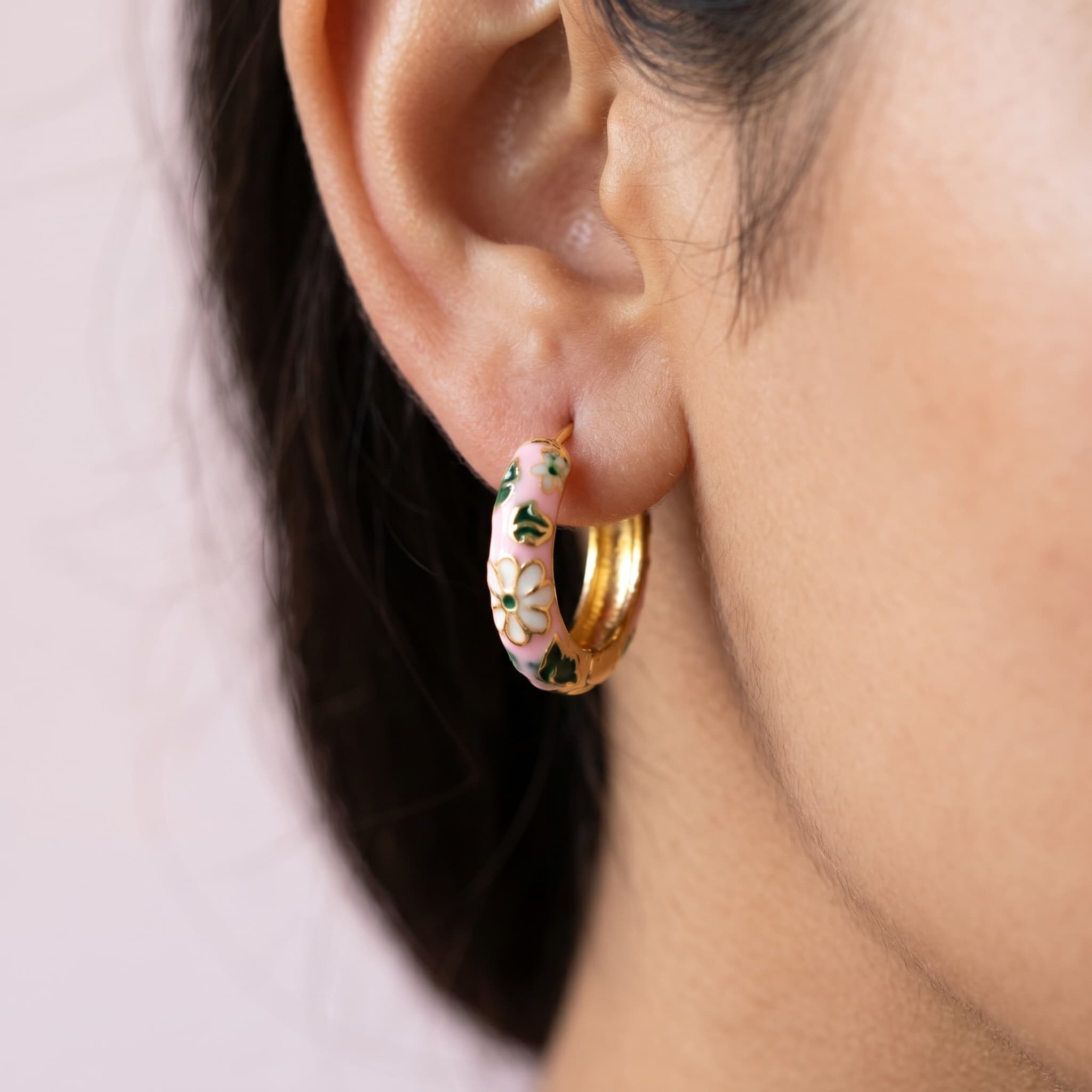 pink daisy enamel huggie hoops