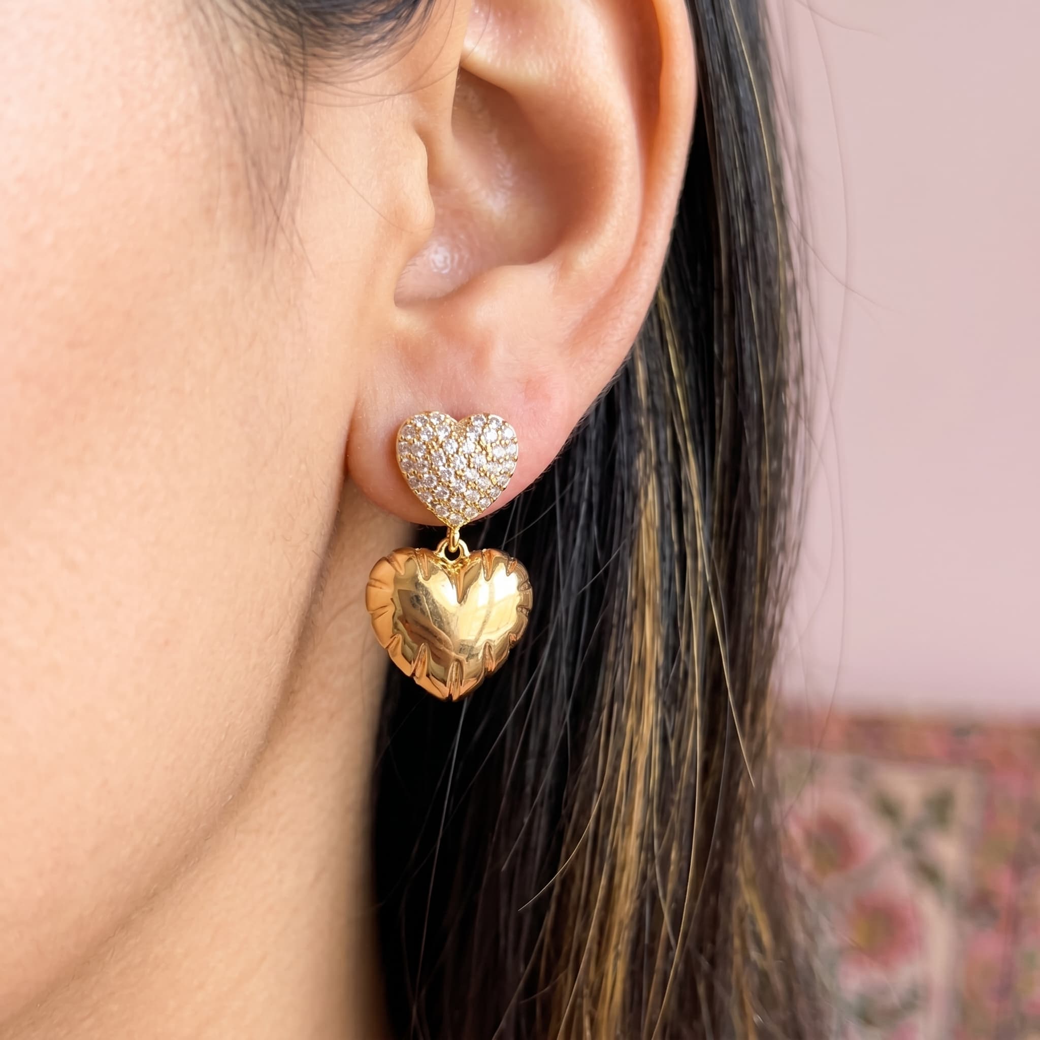 double heart gold studs