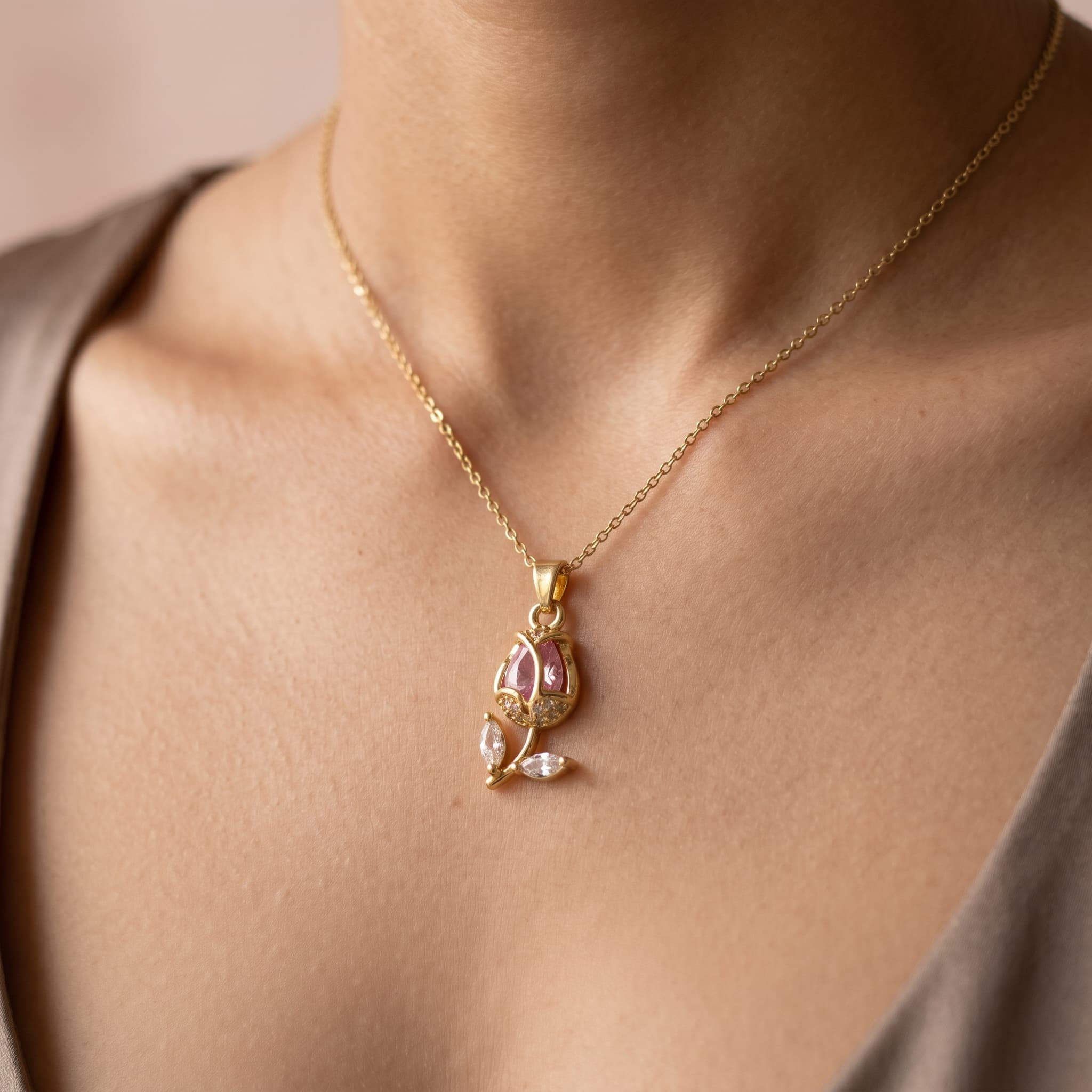 pink tulip charm necklace