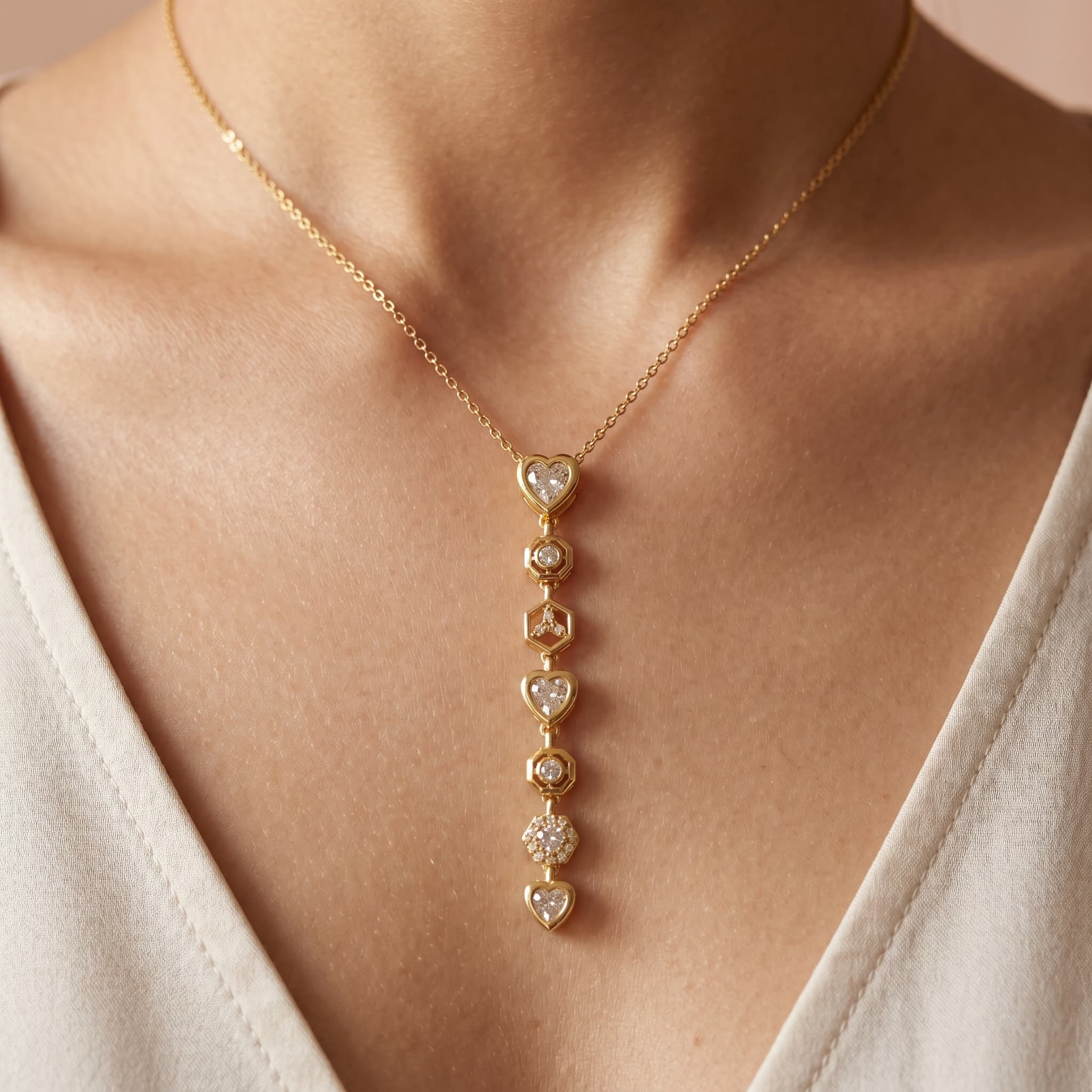 hearts and hexagons gold pendant