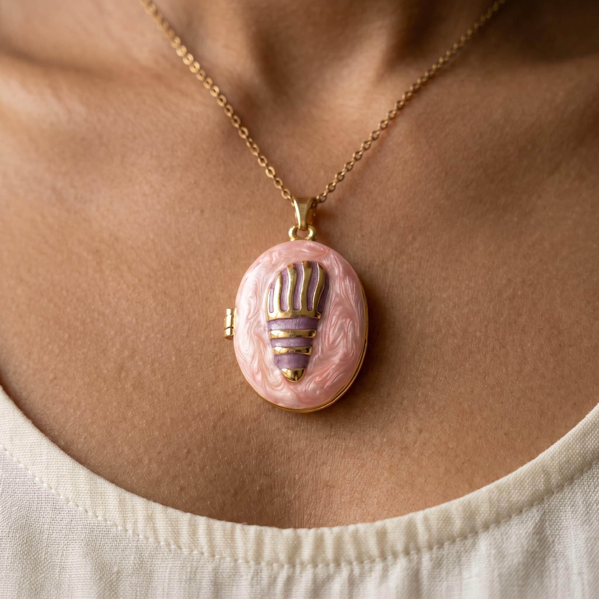 pink enamel locket necklace