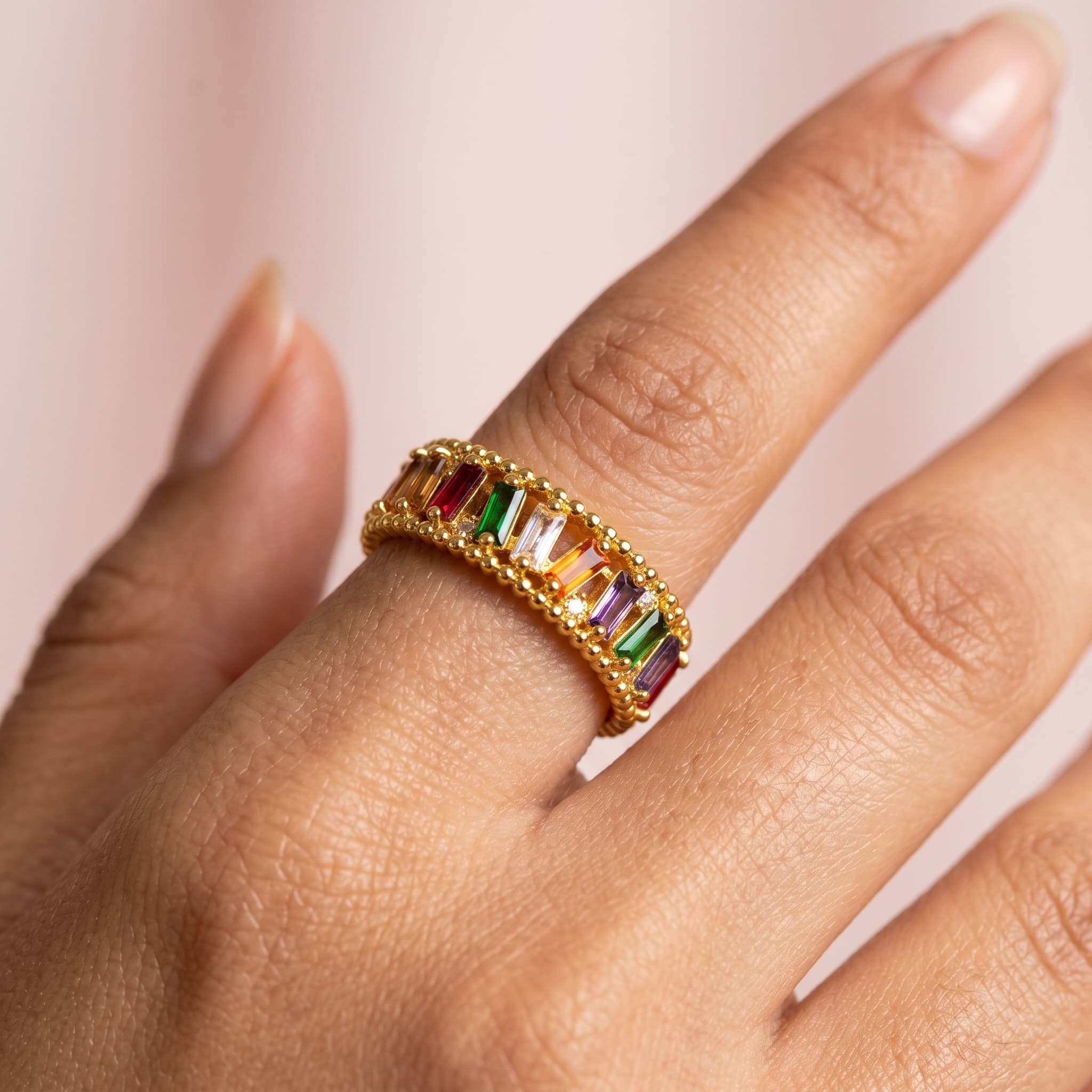 multicolour baguette stone ring