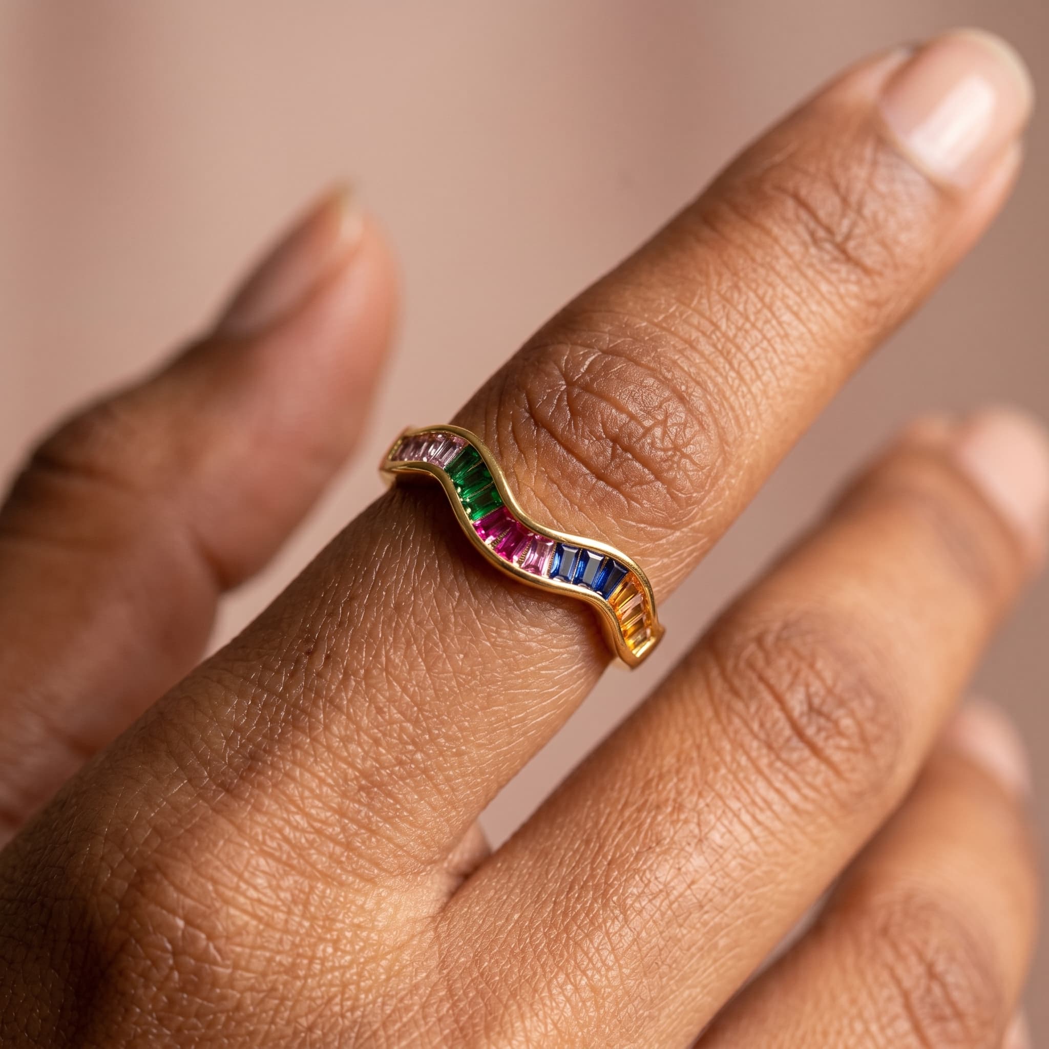 wavy rainbow baguette ring